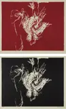 Susan Rothenberg, Dead Rooster (Red); and Dead Rooster (Black), 1993, Two woodcuts in colors, on Korean Kozo paper, with full margins