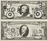 Keith Haring, Untitled (Car); and Untitled (Bodybuilder), 1988, Two drawings on facsimile 10-dollar bills in black marker