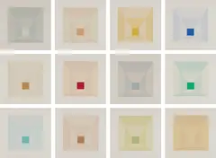 Mitered Squares by Josef Albers, 1976, The complete set of 12 screenprints in colors, on Arches 88 paper, with full margins, with the original black cloth-cove, sold Oct 2018