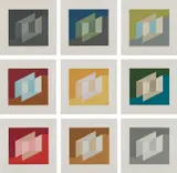 Never Before: nine plates by Josef Albers, 1976, Nine screenprints in colors, on Arches 88 paper, with full margins, with the original blue cloth-covered portfolio and s, sold Oct 2018