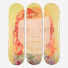 Yoshitomo Nara, Light Haze Day skateboard deck (triptych), 2020, transfer-printed maple plywood
