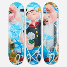 Jeff Koons, Popeye skateboard decks (triptych), 2021, transfer-printed maple plywood
