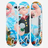 Jeff Koons, Popeye skateboard decks (triptych), 2021, transfer-printed maple plywood
