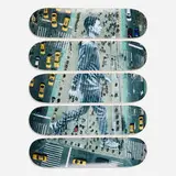 JR, Migrants, Walking New York City, New York, USA, 2015 skateboard decks, 2019, offset lithograph in colors on skate deck in five parts