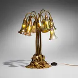 Tiffany Studios, Ten-light Lily table lamp, c. 1910, acid-etched and gilt bronze, hand-blown Favrile glass