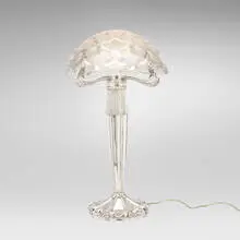 Rinceaux lamp by René Lalique, c. 1926, frosted and polished glass, silver-plated metal, sold Jul 2026
