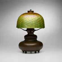 Table lamp by Tiffany Studios and Quezal, c. 1910, patinated bronze, hand-blown glass, sold Jul 2026