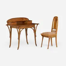 Lady's writing desk and side chair by Émile Gallé and Louis Majorelle, c. 1900, mahogany, walnut, mixed wood inlay, brass, suede upholstery, sold Jul 2026