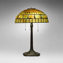 Tiffany Studios, Turtleback table lamp, c. 1910, leaded glass, Favrile glass, patinated bronze