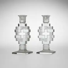 René Lalique, Pâquerettes candleholders, pair, c. 1935, frosted clear glass