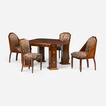 Art Déco, Card table and four chairs, c. 1920, cherry, rosewood veneer, upholstery, brass, bone