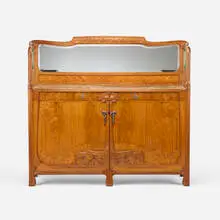 Sideboard by Art Nouveau, c. 1900, mahogany, oak, satinwood inlay, mirrored glass, pewter, enameled pewter, sold Jul 2026
