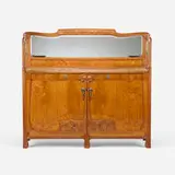 Art Nouveau, Sideboard, c. 1900, mahogany, oak, satinwood inlay, mirrored glass, pewter, enameled pewter
