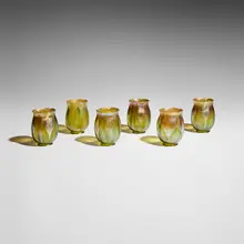 Tiffany Studios, Collection of six pulled-feather tulip shades, c. 1910, hand-blown Favrile glass