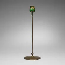 Tiffany Studios, Blown-out candlestick, c. 1910, patinated bronze, hand-blown glass