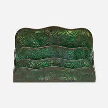 Tiffany Studios, Large Pine Needle letter holder, c. 1910, patinated bronze, Favrile glass