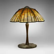 Tiffany Studios, Spider table lamp, c. 1910, leaded glass, patinated bronze