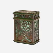 Tiffany Studios, Pine Needle playing card holder/box, c. 1910, patinated bronze, slag glass