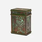 Tiffany Studios, Pine Needle playing card holder/box, c. 1910, patinated bronze, slag glass