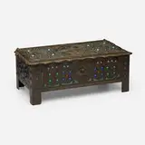Alfred-Louis-Achille Daguet, Art Nouveau jeweled dresser box, c. 1900, patinated repoussé copper, gilt, glass cabochons, wallpaper, wood