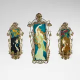 Art Nouveau tile garniture three-piece set with maidens and poppies by Carl Sigmund Luber for Johann von Schwarz, c. 1900, glazed earthenware, gilt bronze, sold Jul 2026