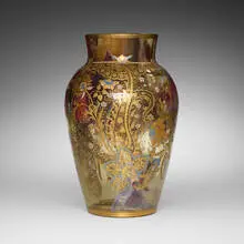 Mary Moser, Large Persian vase with flowers, c. 1895, enameled, gilt, and internally-decorated hand-blown glass with foil inclusions