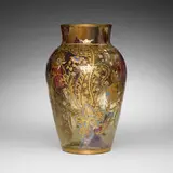 Mary Moser, Large Persian vase with flowers, c. 1895, enameled, gilt, and internally-decorated hand-blown glass with foil inclusions