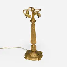 Tiffany Studios, Old English (Four Virtues) lamp base, c. 1910, acid-etched and gilt bronze