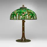 Tiffany Studios, Rare Bamboo table lamp, c. 1910, leaded glass, patined bronze
