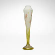 Daum, Tall vase with daphne flowers, c. 1900, acid-etched and enameled glass
