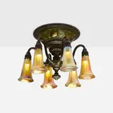 Tiffany Studios, Turtleback and Lily ceiling fixture, c. 1910, hand-blown Favrile glass, patinated bronze