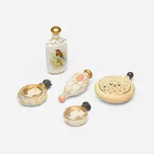 Royal Worcester, Collection of five scent bottles, c. 1880-1900, glazed and gilt porcelain, silver gilt