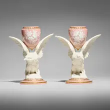 Royal Worcester, Faux pâte-sur-pâte candleholders with hawk and clematis, pair