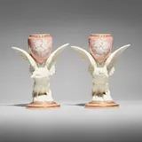 Royal Worcester, Faux pâte-sur-pâte candleholders with hawk and clematis, pair
