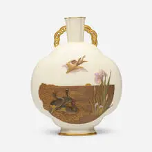 Royal Worcester, Pilgrim flask vase with geese, iris and arrowhead plant