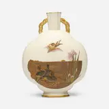 Royal Worcester, Pilgrim flask vase with geese, iris and arrowhead plant