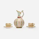 Grainger's Worcester, Jeweled and reticulated pitcher and demitasse cups with saucers, pair