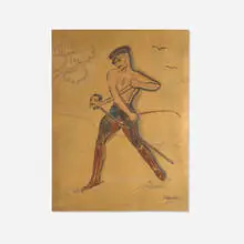 Konrad Winkler, Untitled (Man with Crop Riding Hobby Horse), gouache on gold paper