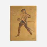 Konrad Winkler, Untitled (Man with Crop Riding Hobby Horse), gouache on gold paper