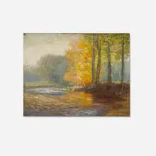 Daniel Kotz, River Scene, Golden Foliage, oil on wood