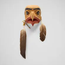 Dale Campbell, Eagle mask, carved and painted wood, feathers, mother of pearl, leather
