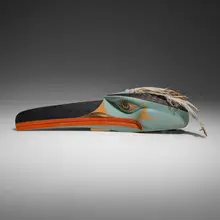 Duane Pasco, Bird mask, c. 1985, carved and painted wood, feathers, leather, copper
