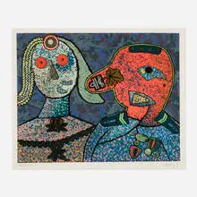 Enrico Baj, Il Generale Amin e una della sue mogli, 1973, mixed media on screenprint in colors