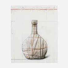 Wrapped Bottle (Project for Kirchberg Spätlese) by Christo & Jeanne-Claude, digital pigment print in colors with collaged paper and crayon additions on PhotoRag, sold Aug 2026
