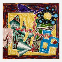 Frank Stella, Then Came a Fire and Burnt the Stick (from the Illustrations after El Lissitzky's Had Gadya portfolio), 1984, lithograph, linocut and screenprint in colors with collage and hand-coloring on T.H. Saunders and Somerset