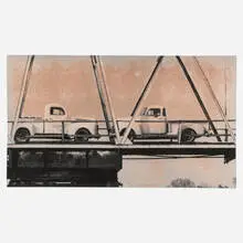 Two Trucks/Two Decisions (On Bridge) by John Baldessari, 1996, black and white photograph on glossy photographic paper printed to the edges, sold Aug 2026