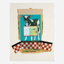 Robert Rauschenberg, Calf Startena (from the Chow Bags series), 1977, screenprint in colors, graphite and fabric on paper with plastic thread