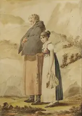 Friedrich Wilhelm Schadow, Untitled, An old man and a young girl pen and ink and watercolour 14 x 10.5cm