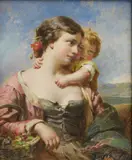 James John Hill, Untitled, Mother and child oil on card laid on board 20.5 x 17.5cm