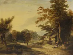 Samuel David Colkett, Untitled, cattle in the foreground and a figure driving sheep oil on panel 45 x 61cm